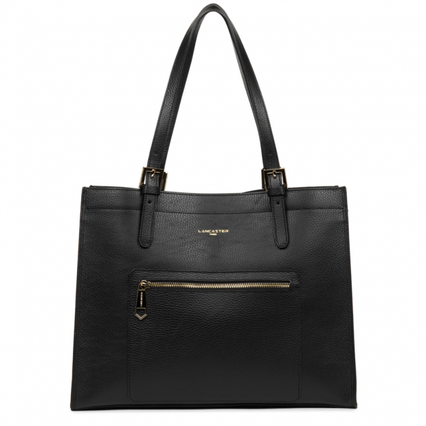 Lancaster 470-24 - CUIR DE VACHETTE - NOIR Foulonné Double - Sac cabas épaule sac-a-main-shopping-toile-ou-cuir